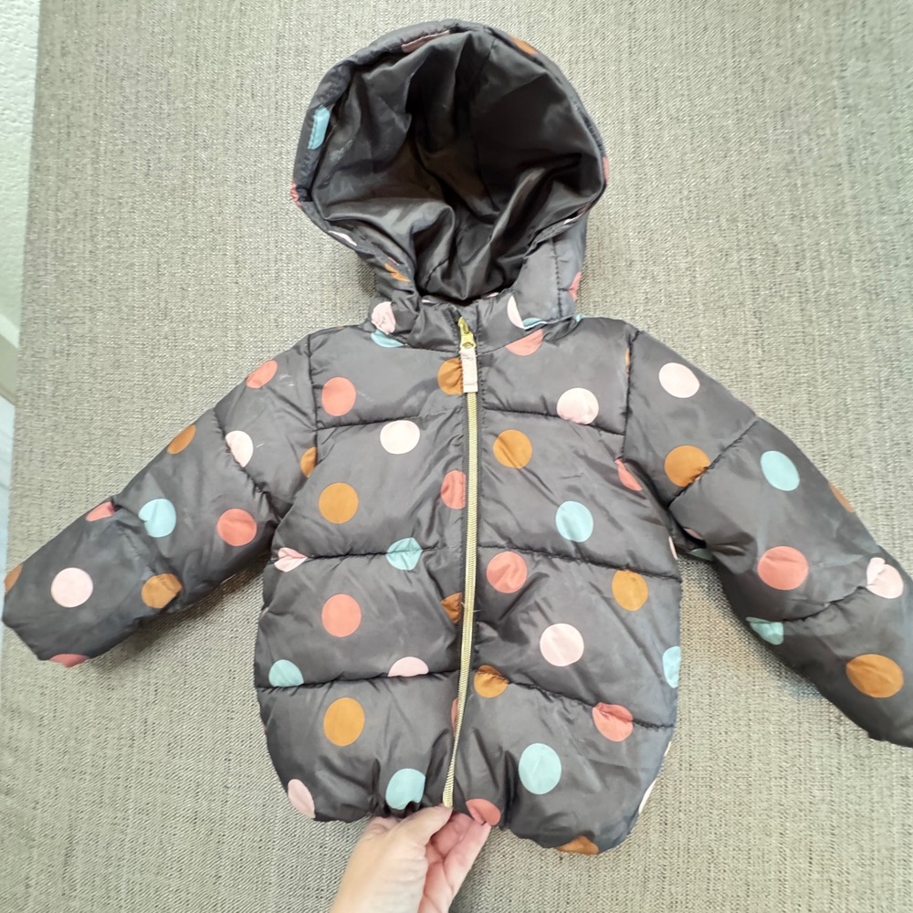 HM Kids Puffer Jacket 3T Gray Polka Dot Hooded Quilted Coat 1101